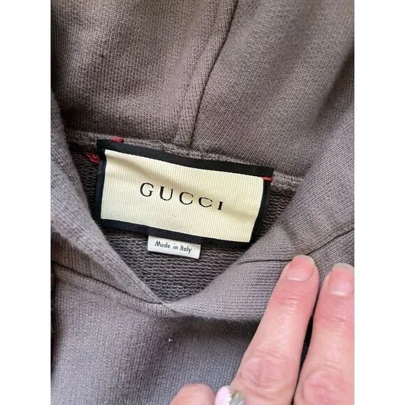Gucci Interlock G Gray Hoodie With Tan Logo Stripe Sleeve Men’s XXL